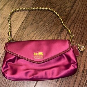 Coach Raspberry Pink Satin Clutch + patent leather trim + Gold Bead Strap